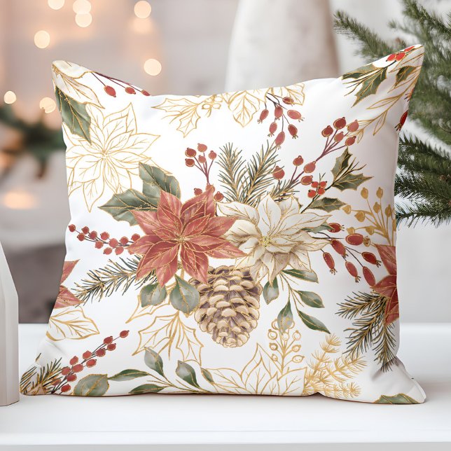 Almofada Floral de Natal Dourado Vermelho (Criador carregado)