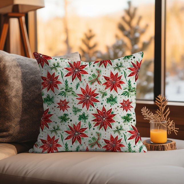 Almofada Floral de Poinsettia Vermelha e Verde Natal (Christmas Red and Green Poinsettia Floral Throw Pillow)