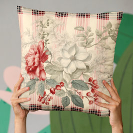 Almofada Floral De Xadrez Vermelha E Branca Elegante