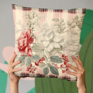 Almofada Floral De Xadrez Vermelha E Branca Elegante