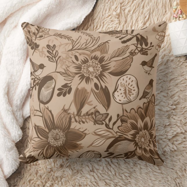 Almofada Floral e Pássaros Marrom-claro (Cobertor)