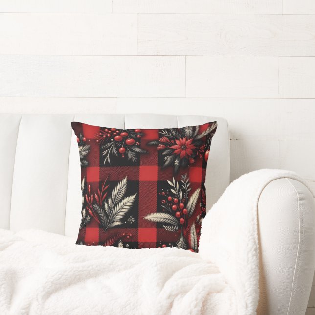 Almofada floral elegante de xadrez vermelha de natal (Criador carregado)