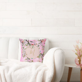 Almofada Floral Elegante rosa Dourada Chinoiserie Monograma