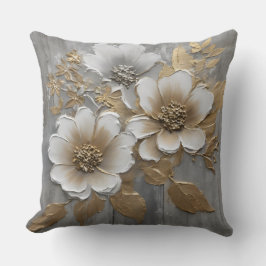 Almofada Floral em Cinza Neutro e Dourado Estilo Fazenda