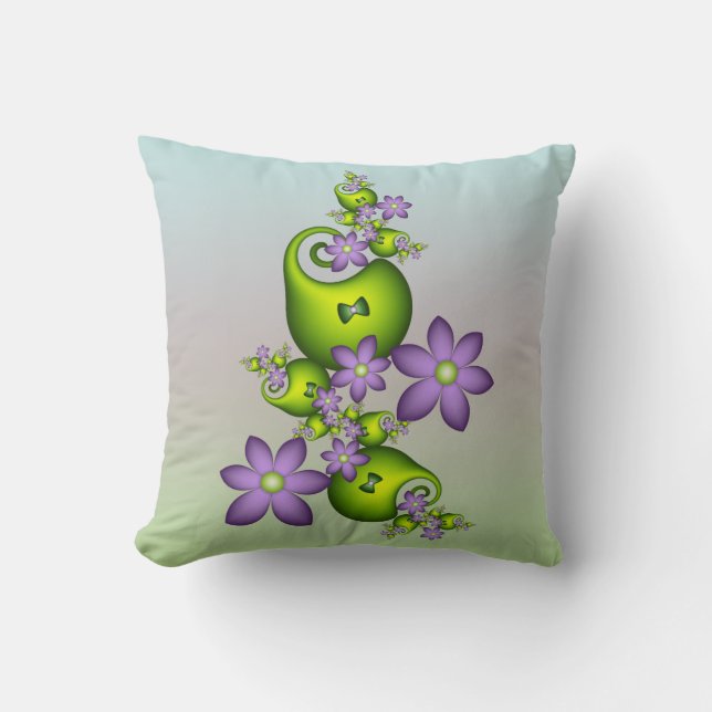 Almofada Floral Fantasy Lilac Flores Verde Formas Fractais (Frente)