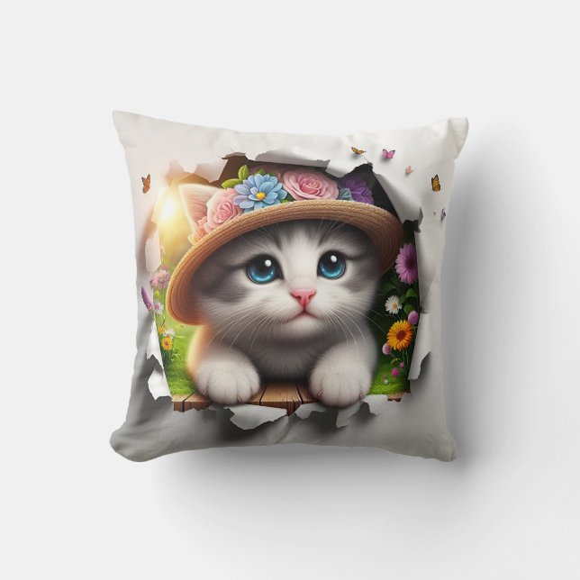 Almofada Floral Feline Fantasy: Um Retrato Gato Whimsical (Frente)