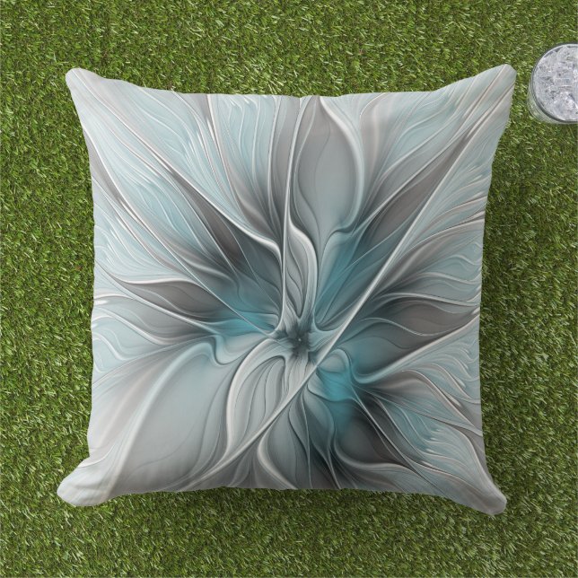 Almofada Floral Fractal Moderno Abstrato Flor Azul Cinza (Grama)