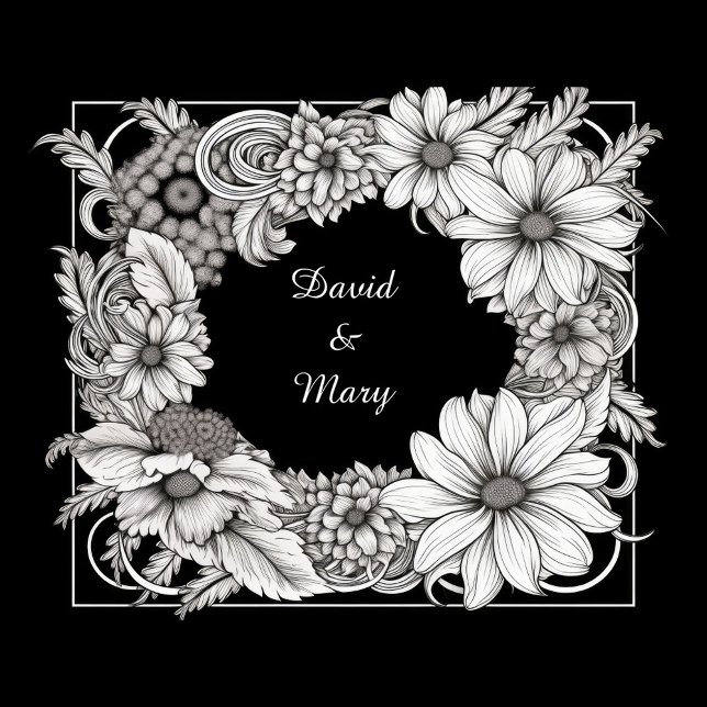 Almofada Floral Frame Throw Pillow (A black and white illustration features a floral frame surrounding the names "David & Mary.)