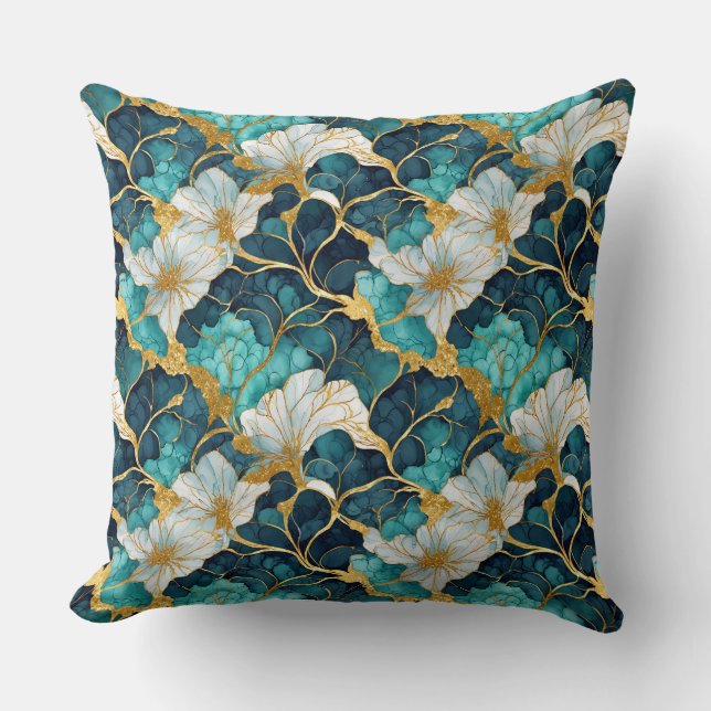Almofada Floral Japonês Verde Água Dourado (Frente)