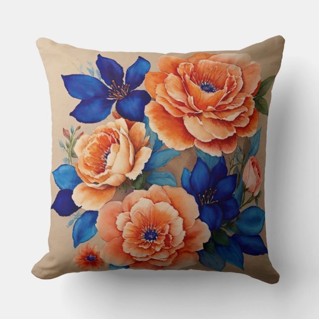 Almofada Floral Laranja e Azul (Frente)