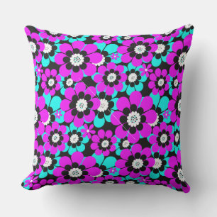 Almofada Floral Neon Patterno Roxo e Flores Turquesas