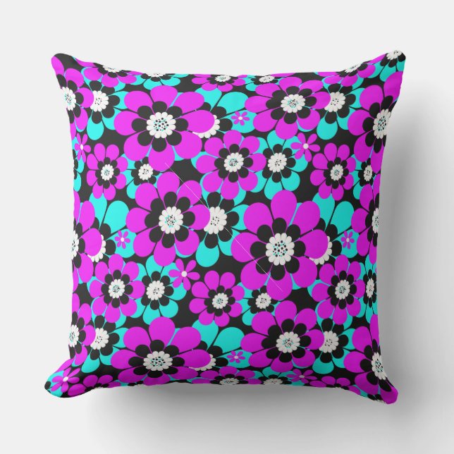 Almofada Floral Neon Patterno Roxo e Flores Turquesas (Frente)
