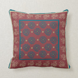 Almofada Floral oriental bege e azul escuro no marrom