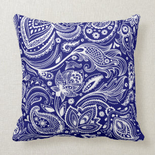 Almofada Floral Paisley Real Azul e Branco