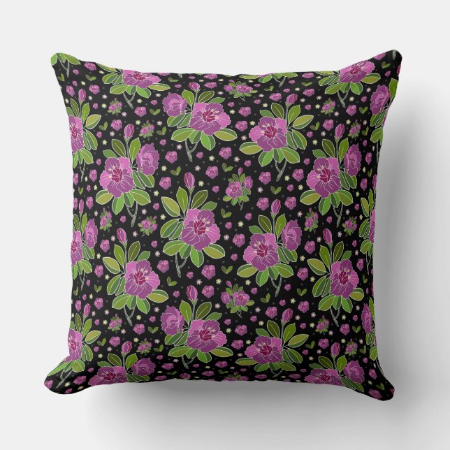 Almofada Floral Pattern Lilac Pink Green Black (Frente)