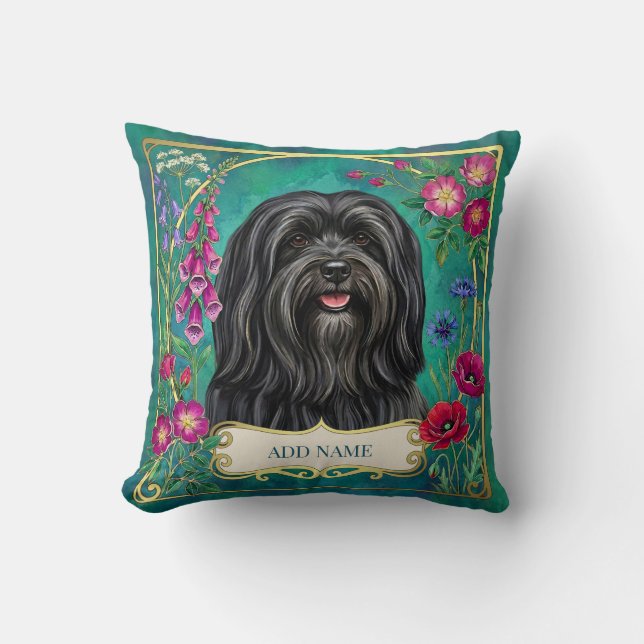 Almofada Floral Personalizada Lhasa Apso Preta (Frente)