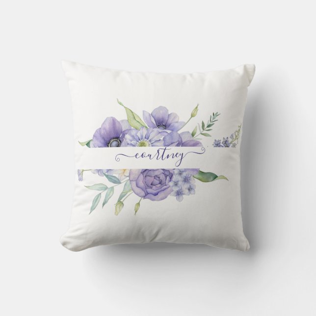 Almofada Floral personalizado com aquarela roxa  (Frente)