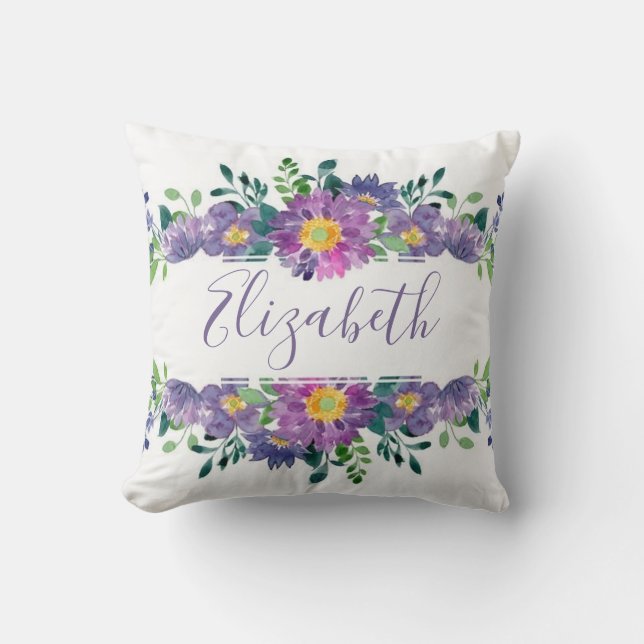Almofada Floral personalizado com aquarela roxa (Frente)