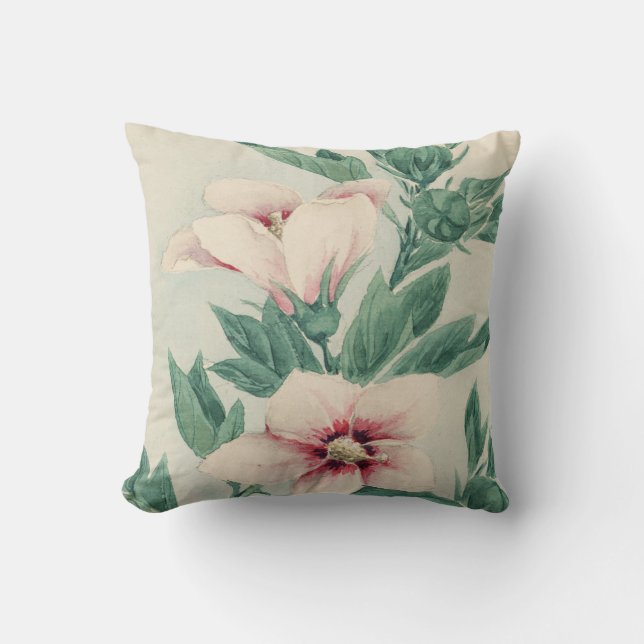 Almofada Floral pintado mão da aguarela verde cor-de-rosa (Frente)