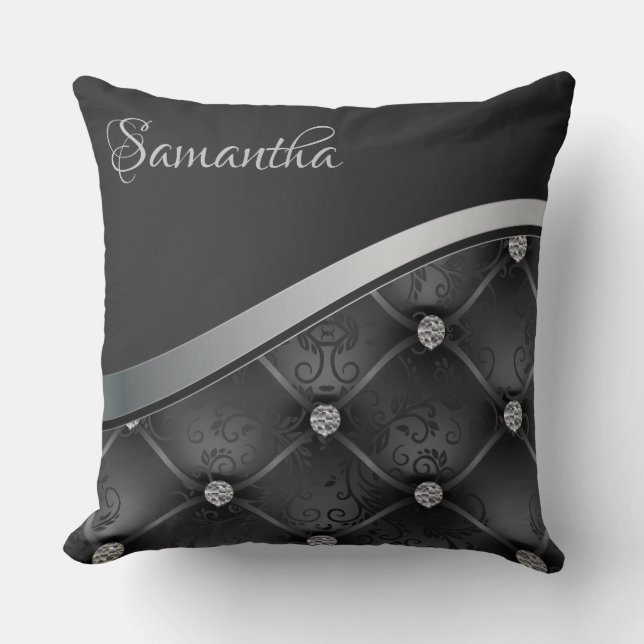 Almofada Floral Real de Prata Negra Elegante de Luxo (Frente)