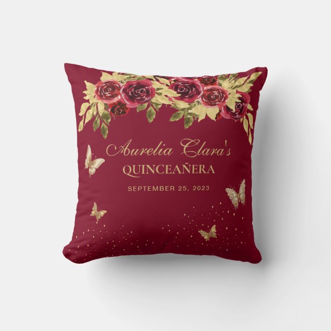 Almofada Floral Red Gold Tiara Butterfly Quinceanera (Frente)