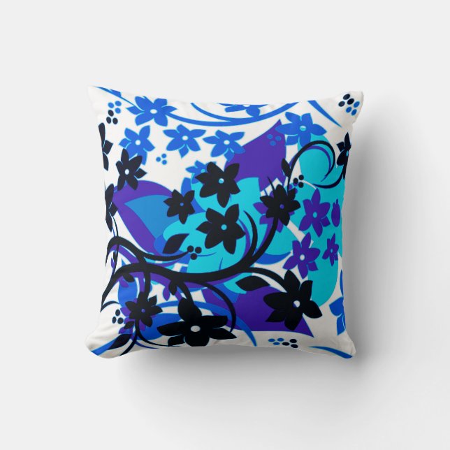 Almofada [Floral Retro] Design Gráfico Botânico Azul (Frente)