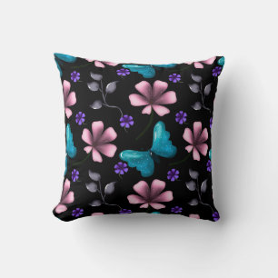 Almofada Floral Rosa Caprichosa e Borboleta Azul Sem Costur
