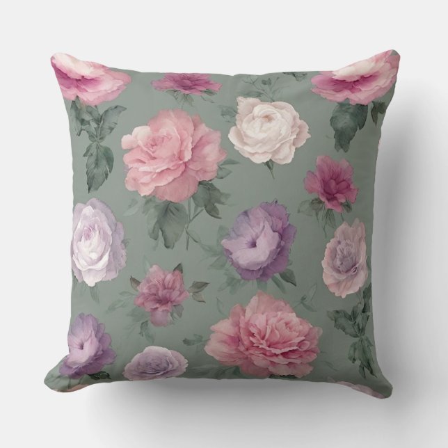 Almofada floral rosa, roxo e verde (Frente)