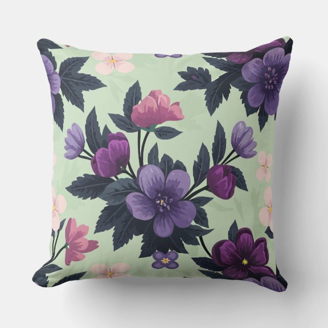 Almofada Floral roxo e rosa sobre fundo verde claro (Frente)