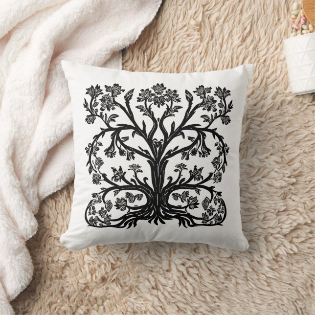 Almofada Floral Tree of Life in Black on White (Cobertor)
