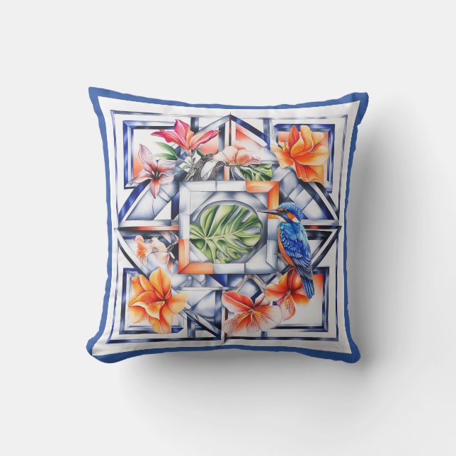 Almofada Floral Tropical, Botânico com Pássaro (Frente)