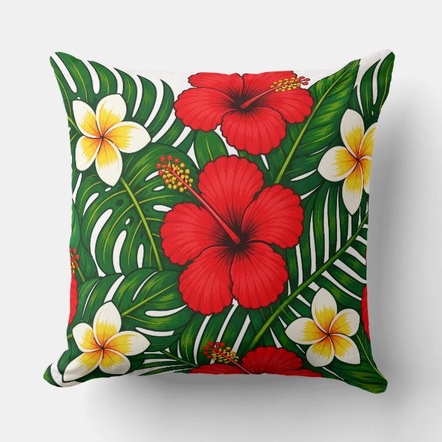 Almofada Floral Tropical com Hibisco e Plumeria (Frente)