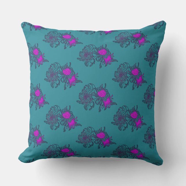 Almofada Floral Turquesa com Acentos Rosa (Frente)