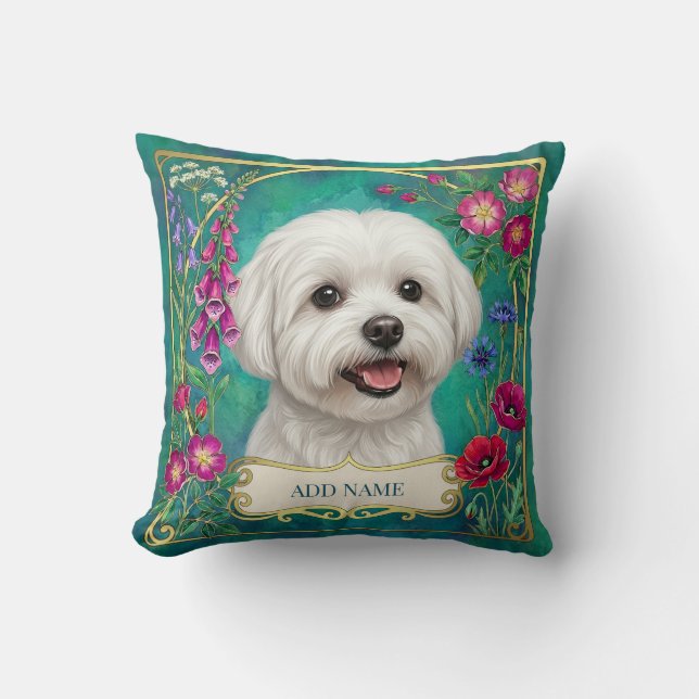 Almofada Floral Turquesa com Cachorro Maltês Perso (Frente)