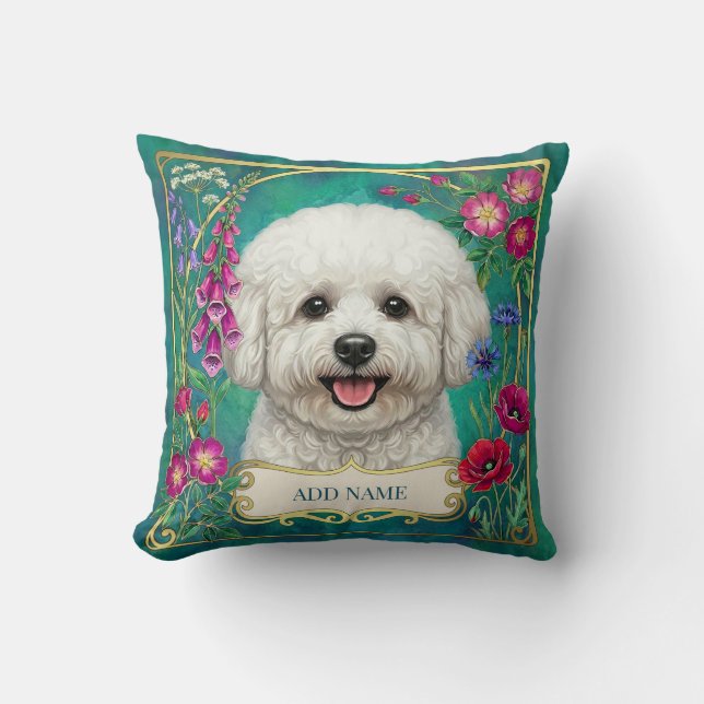Almofada Floral Turquesa Personalizada Bichon Fris (Frente)