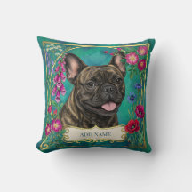 Almofada Floral Turquesa Personalizada com Bulldog