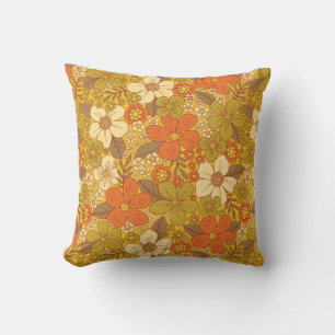 Almofada Floral Verde Laranja e Verde Oleícola, Retro 60/70