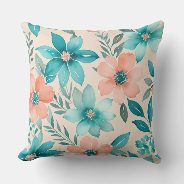 Almofada Floral Whimsical Peach e Teal (Frente)