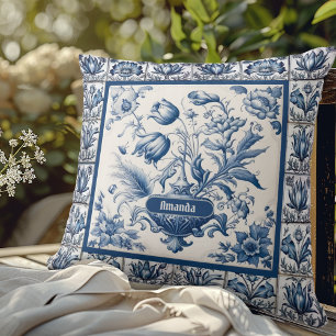 Almofada Floreal estonteante Monograma azul toile de jouy