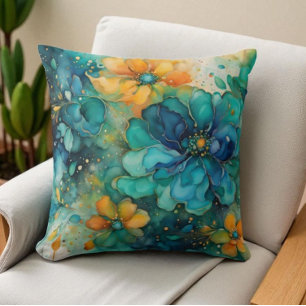 Almofada Flores abstratas em azul verde turquesa dourado la
