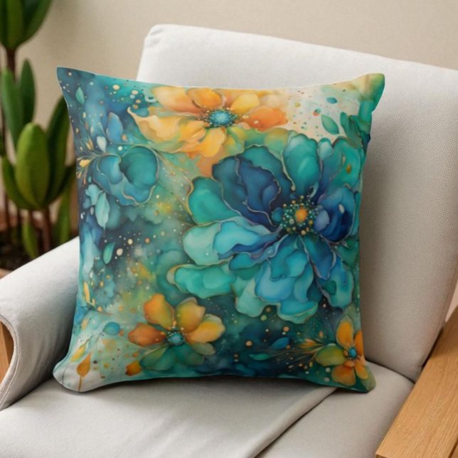 Almofada Flores abstratas em azul verde turquesa dourado la (Criador carregado)