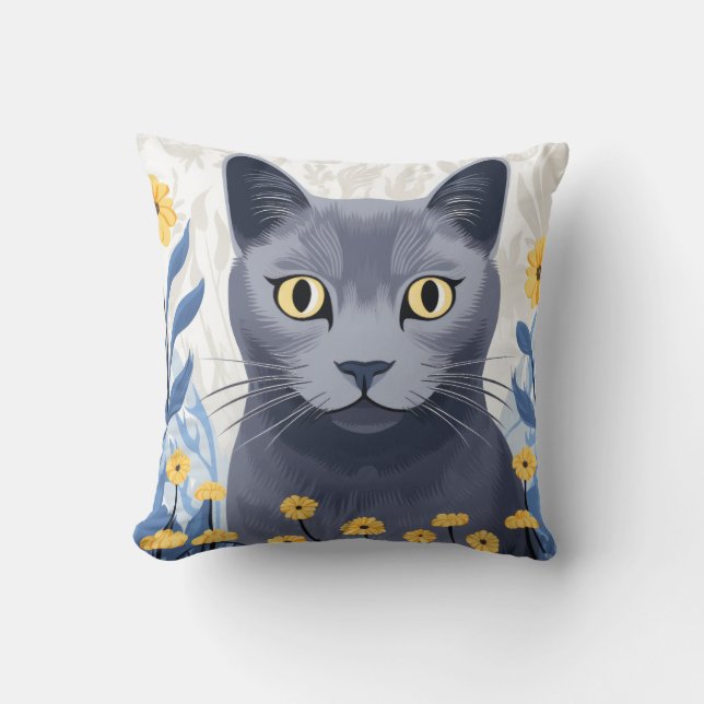 Almofada Flores Amarelas do Gato Azul Russo (Frente)