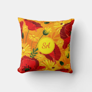 Almofada Flores amarelas e papagaios vermelhos monogramados