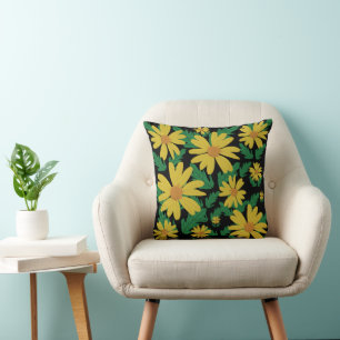 Almofada Flores amarelas margaridas com folhas verdes lança
