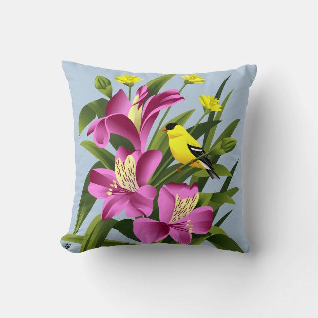Almofada Flores americanas do Goldfinch e do Alstroemeria (Frente)