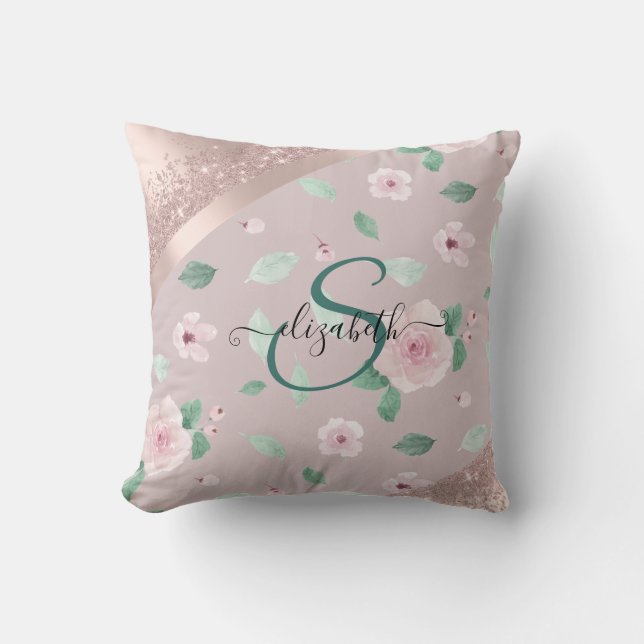 Almofada Flores Aquarela Monograma Dourado Rosa (Frente)