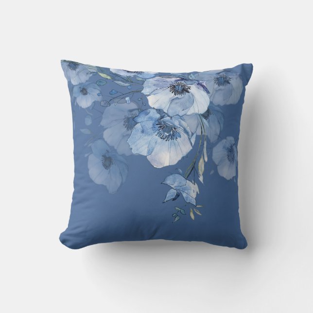 Almofada Flores Artísticas de Aquarela Azul (Frente)