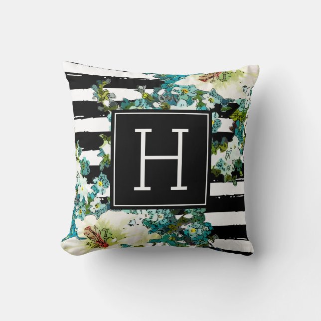 Almofada Flores Azuis e Brancas Elegantes com Monograma (Frente)