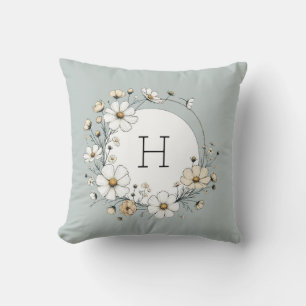 Almofada Flores Boho Personalizadas Monograma Verde Salvia