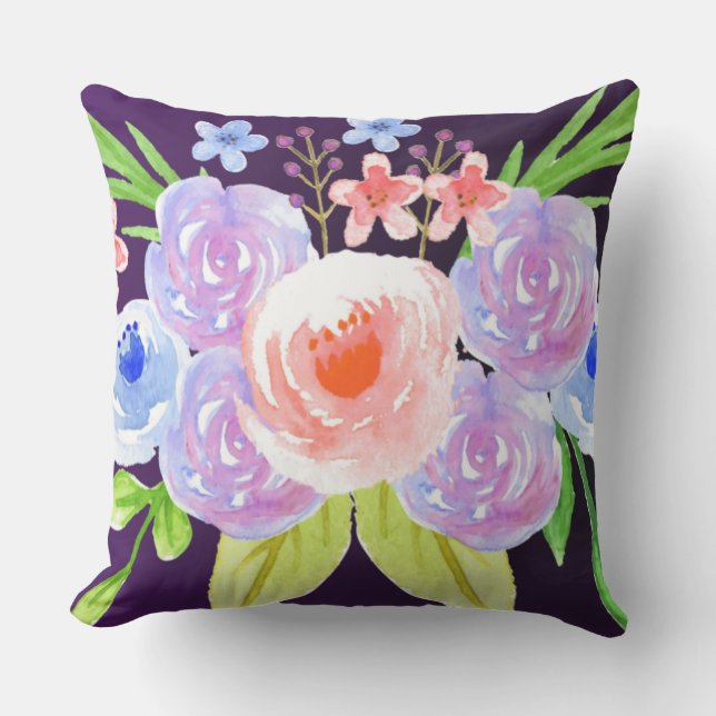 Almofada Flores bonito da Aquarela floral roxa (Frente)